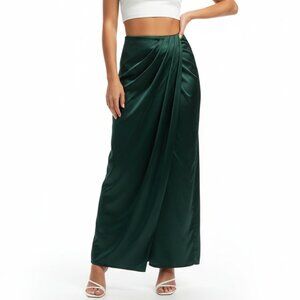Fashion Nova Hunter Green satin long maxi draped skirt L